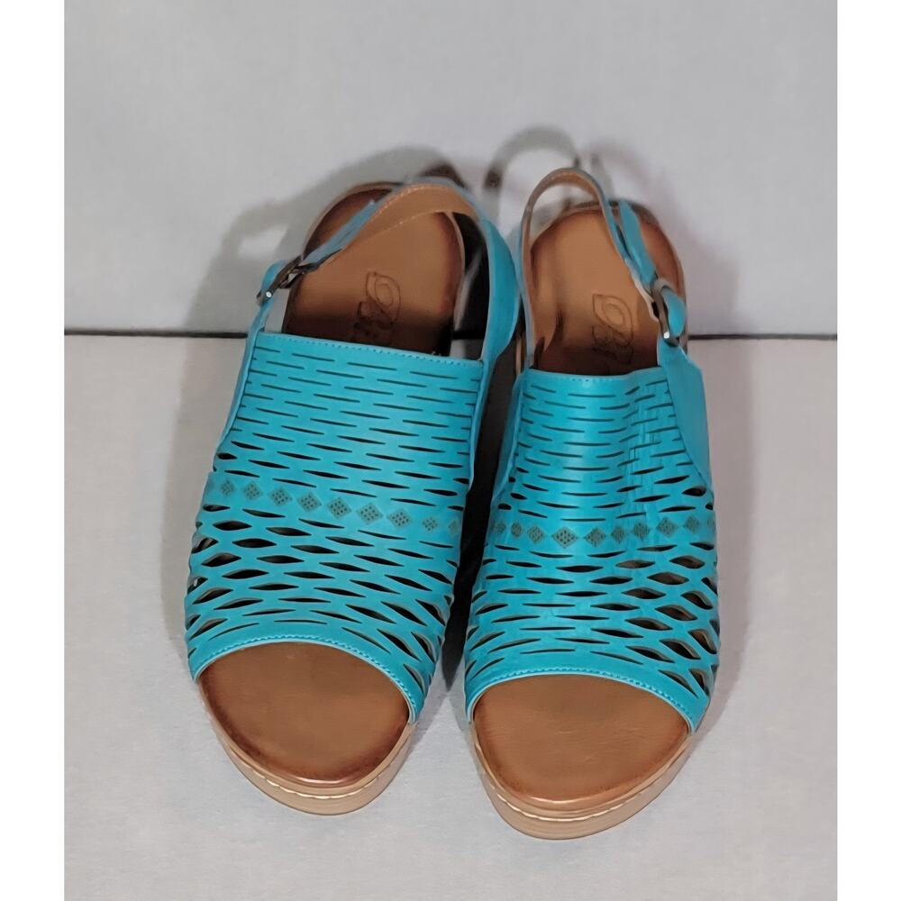 Biza Saint Teal Turquoise Leather Cork Wedge Sandals Size 39 US 8 8.5 Like New